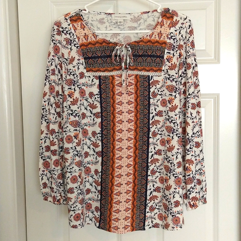 Vintage American Boho/ Peasant Style Top With Tie Neckline, Size Medium